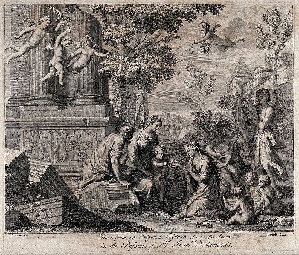 The mystic marriage of Catherine of Alexandria and the infant Christ. Etching by C. Bouzonnet Stella after F. Lauri.