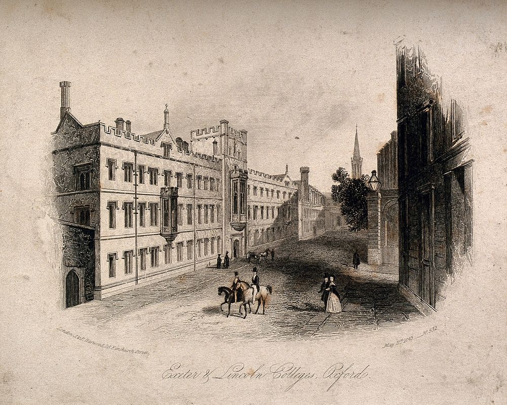 Exeter and Lincoln College, Oxford: panoramic views. Etching, 1843.