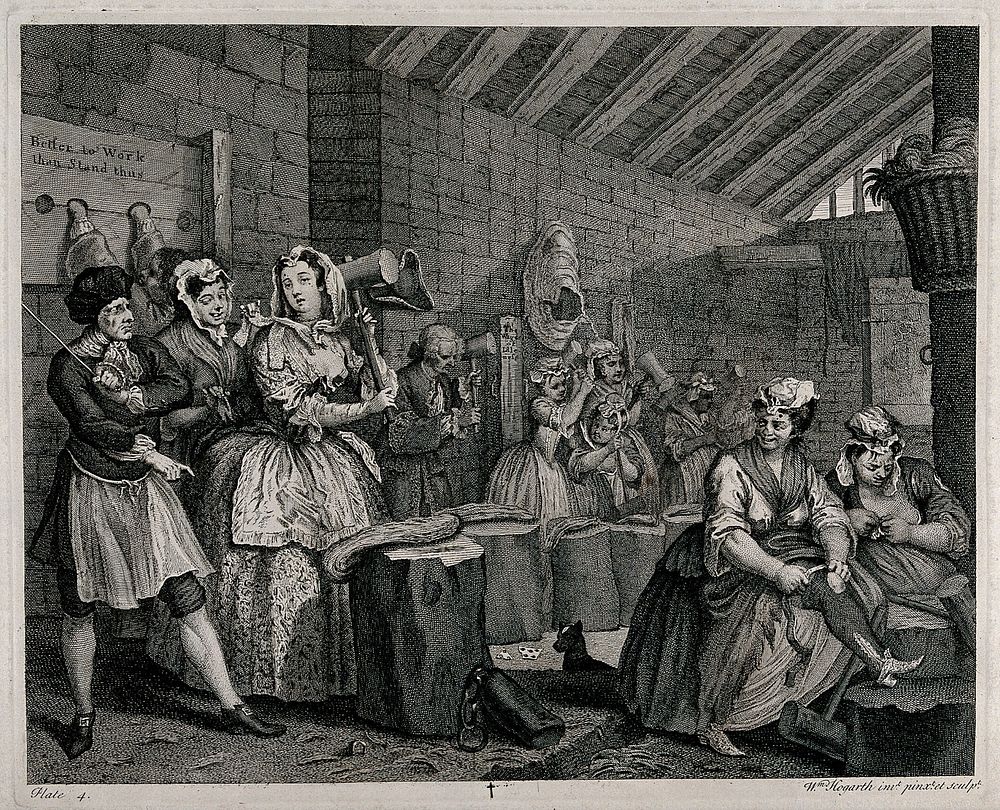 Moll Hackabout, dressed in fine clothes, is beating hemp, used for making rope, with a mallet, in a prison with other…