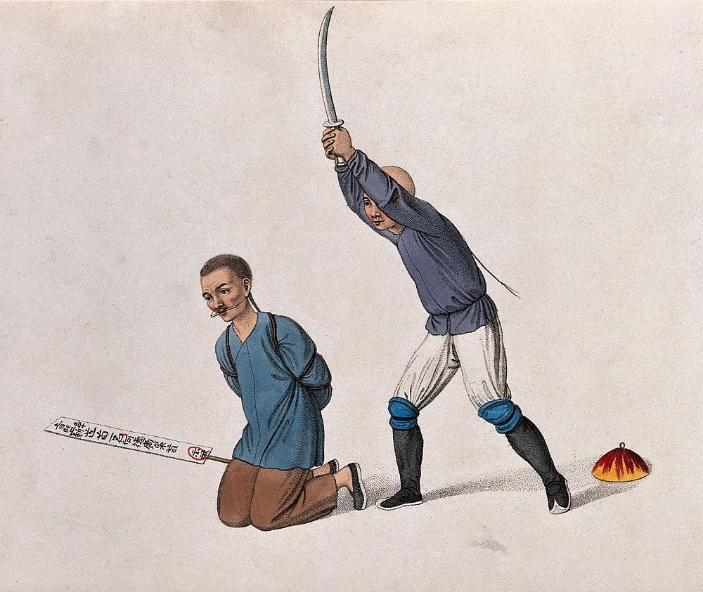 A Chinese man kneeling on the ground is about to be beheaded with a sword. Coloured stipple print by J. Dadley, 1801.