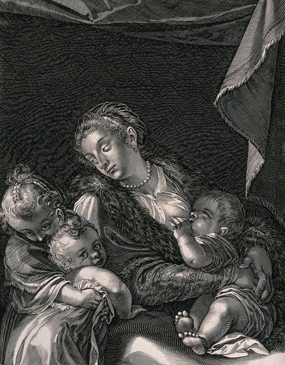 While a mother feeds her baby two other children are clinging to her side. Engraving by Aegidius Sadeler.