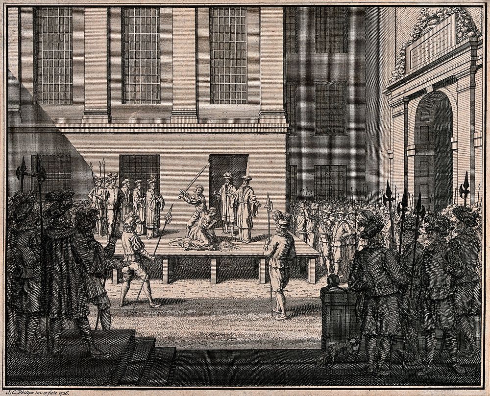 A woman is beheaded on a wooden stage in a courtyard with a crowd of soldiers carrying halberds looking on. Engraving by…
