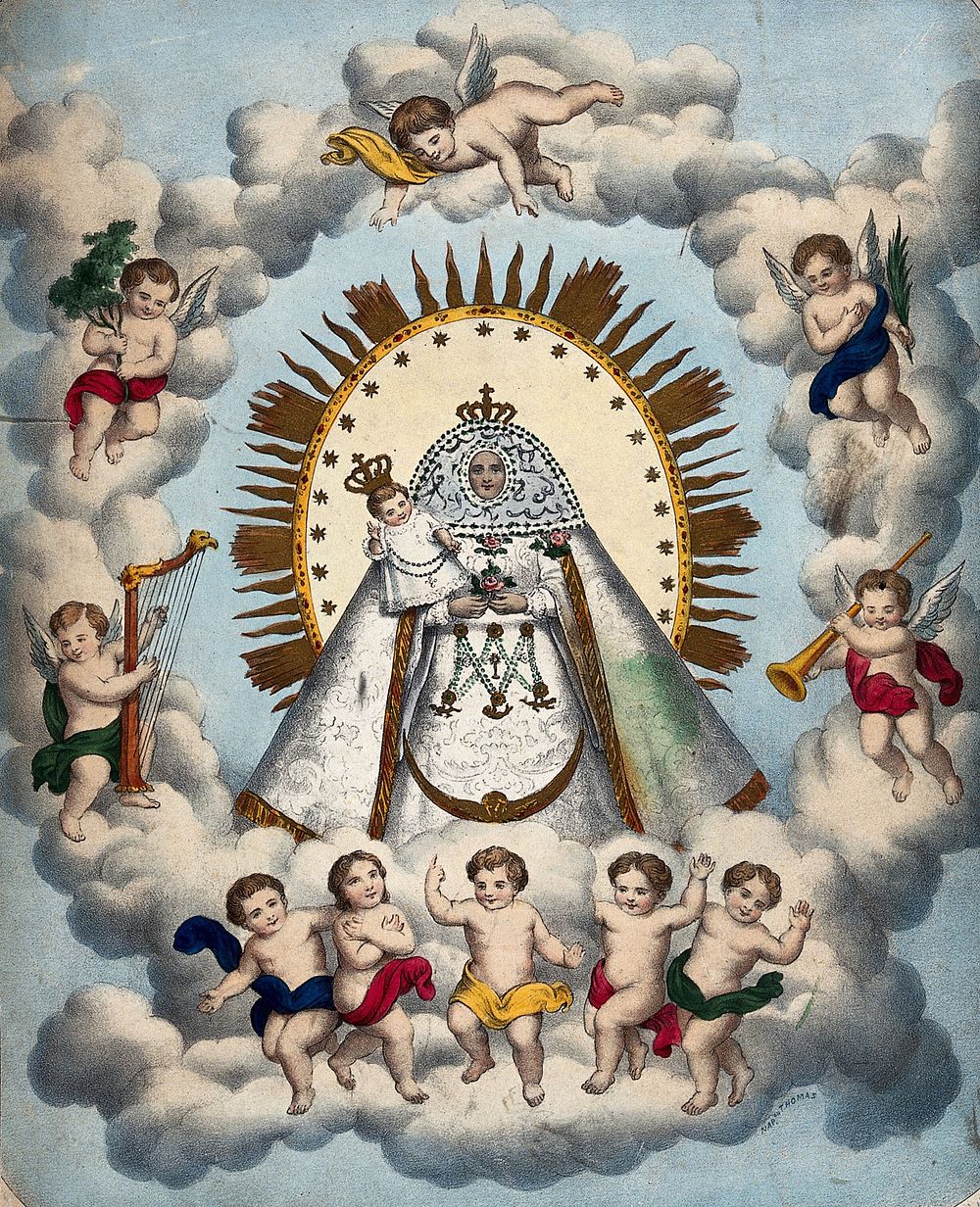 The Virgin with Child on clouds with angels. Coloured lithograph by N. Thomas.