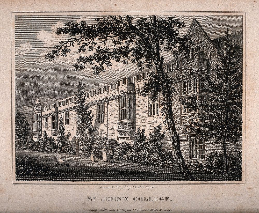 St. John's College, Oxford. Line engraving by J. & H.S. Storery, 1821.