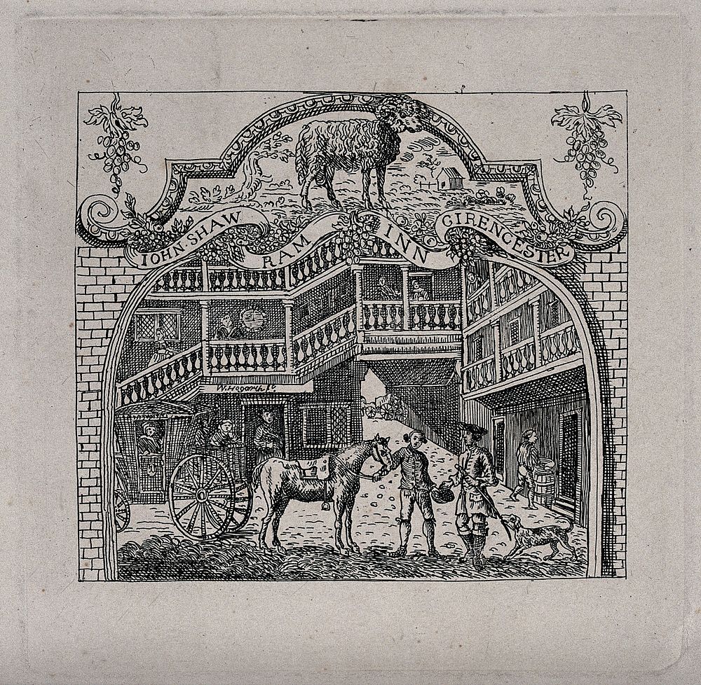A coach stopping in the courtyard of John Shaw's "Ram Inn" in Cirencester. Etching after W. Hogarth.
