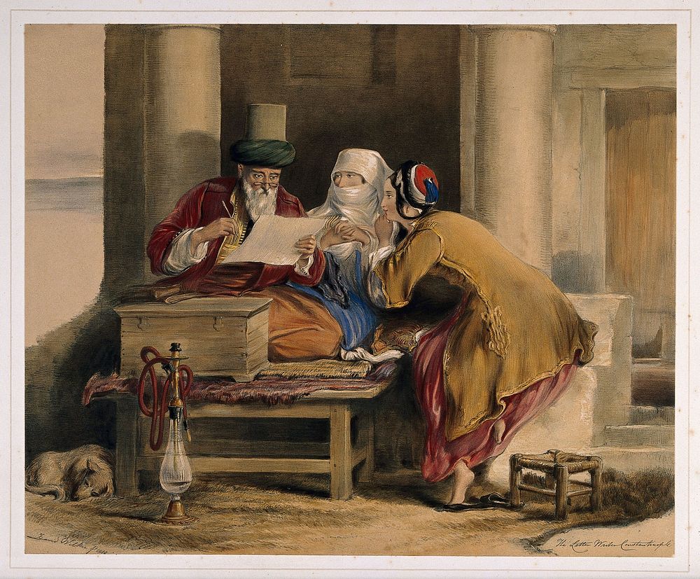 Constantinople: a man sits to write a letter as two women watch over his shoulder. Coloured lithograph by J. Nash after D.…