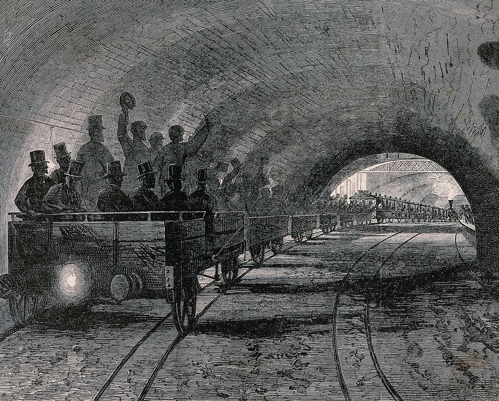 A trial journey on the first part of the underground railway in London. Wood engraving, 1862.