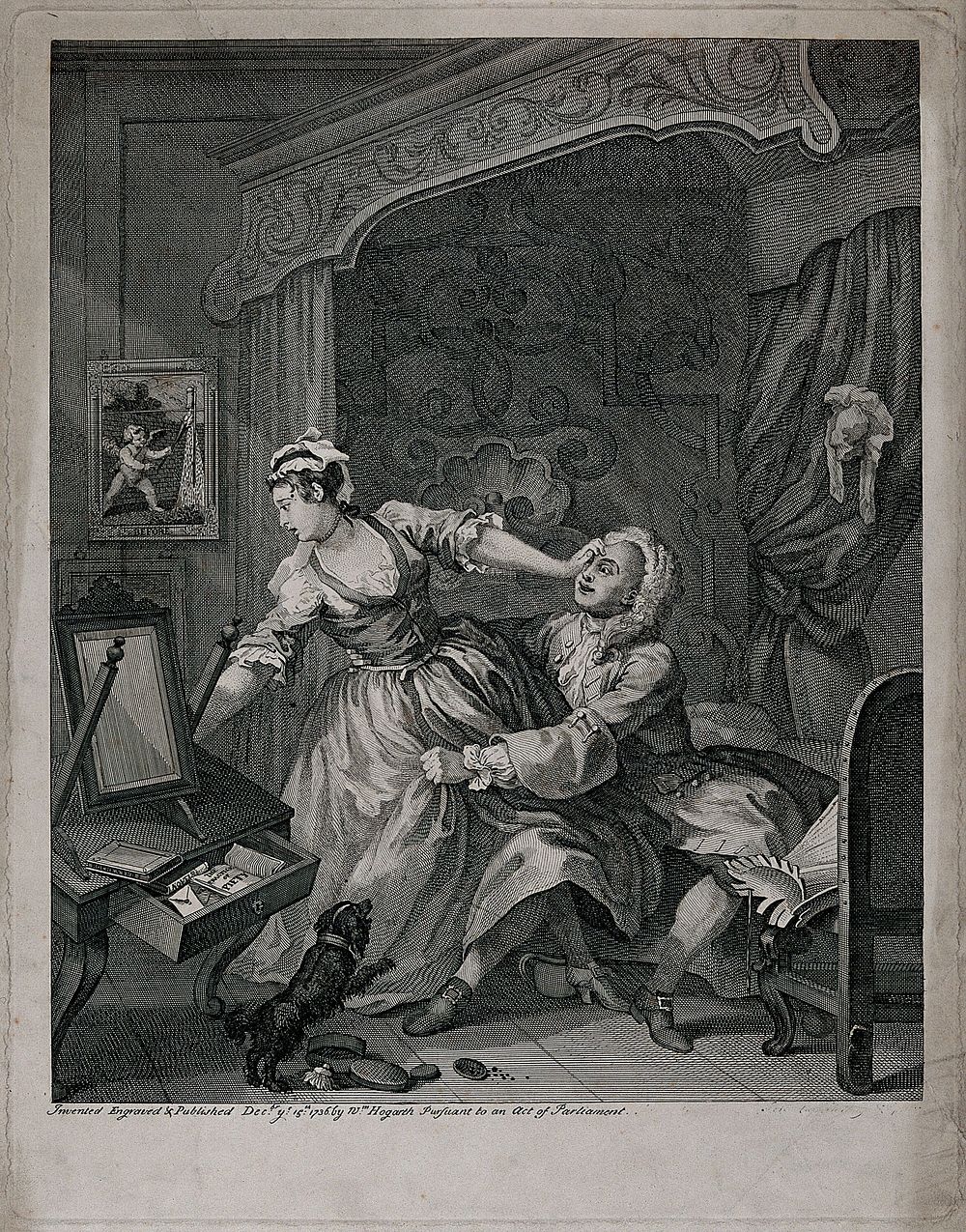 In a lady's bedchamber a young woman struggles as a man pulls her towards him clutching at her dress. Engraving by W.…