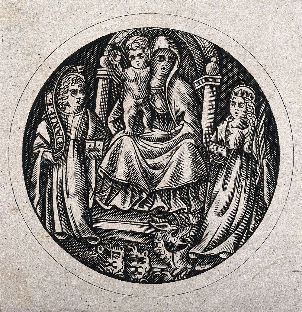 Saint Mary (the Blessed Virgin) with the Christ Child, the prophet Daniel and Saint Margaret of Antioch. Engraving by W.Y.…