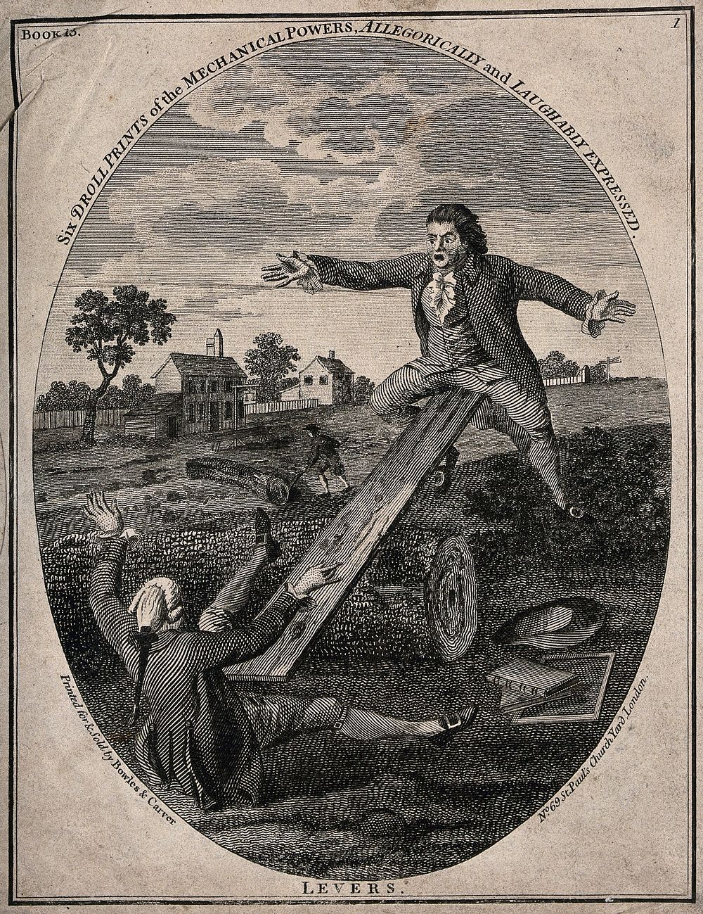 Two men are using a plank over a large log as a see-saw; representing the mechanics of levers. Engraving.