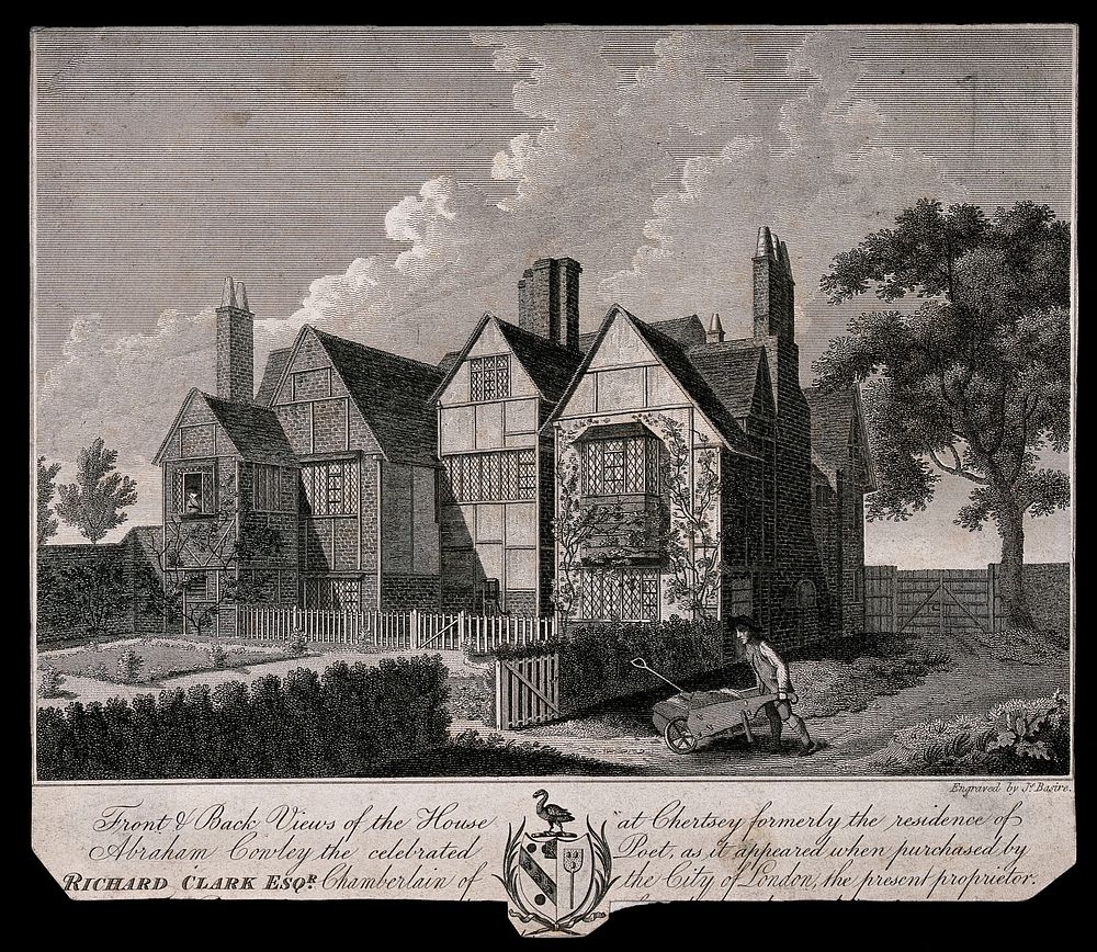 The house of Abraham Cowley in Chertsey. Line engraving by J. Basire.