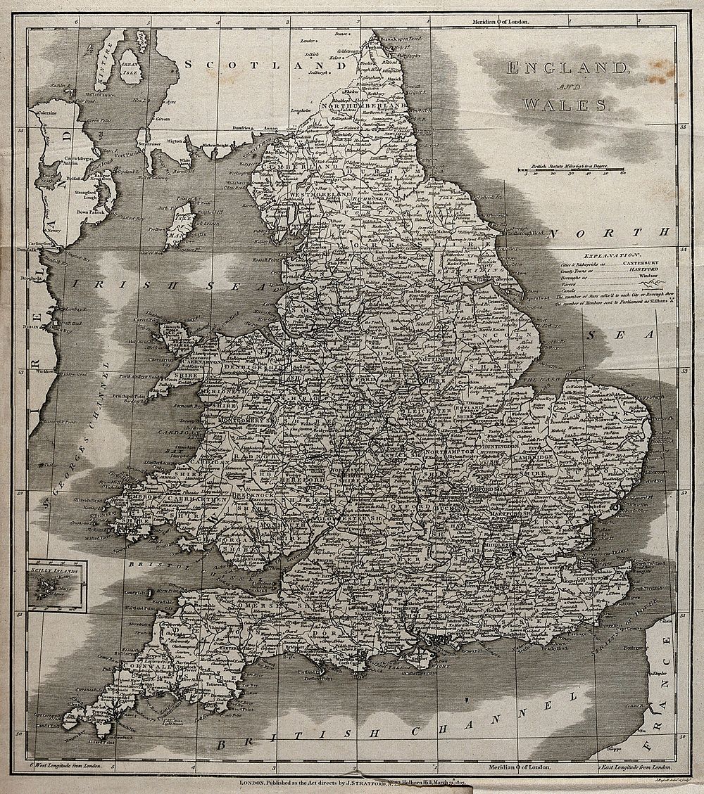 Map of England and Wales and surrounding seas. Engraving by J. Russell, 1803.