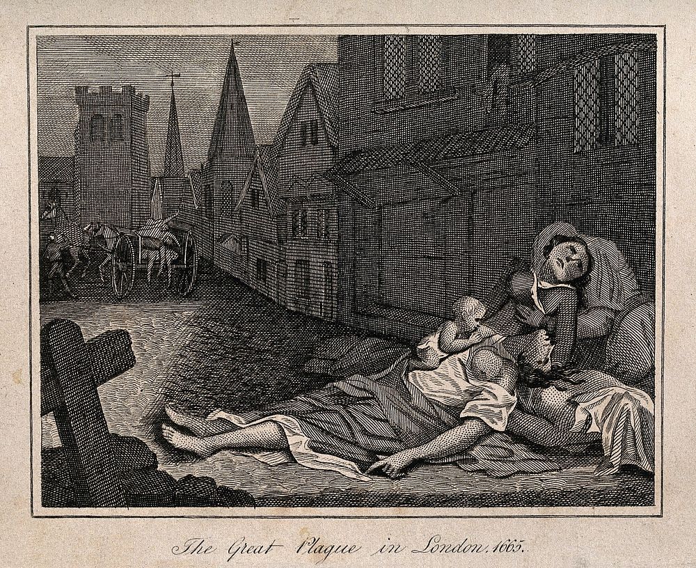 Two women lying dead in a London street during the great plague, 1665, one with a child who is still alive. Etching after R.…