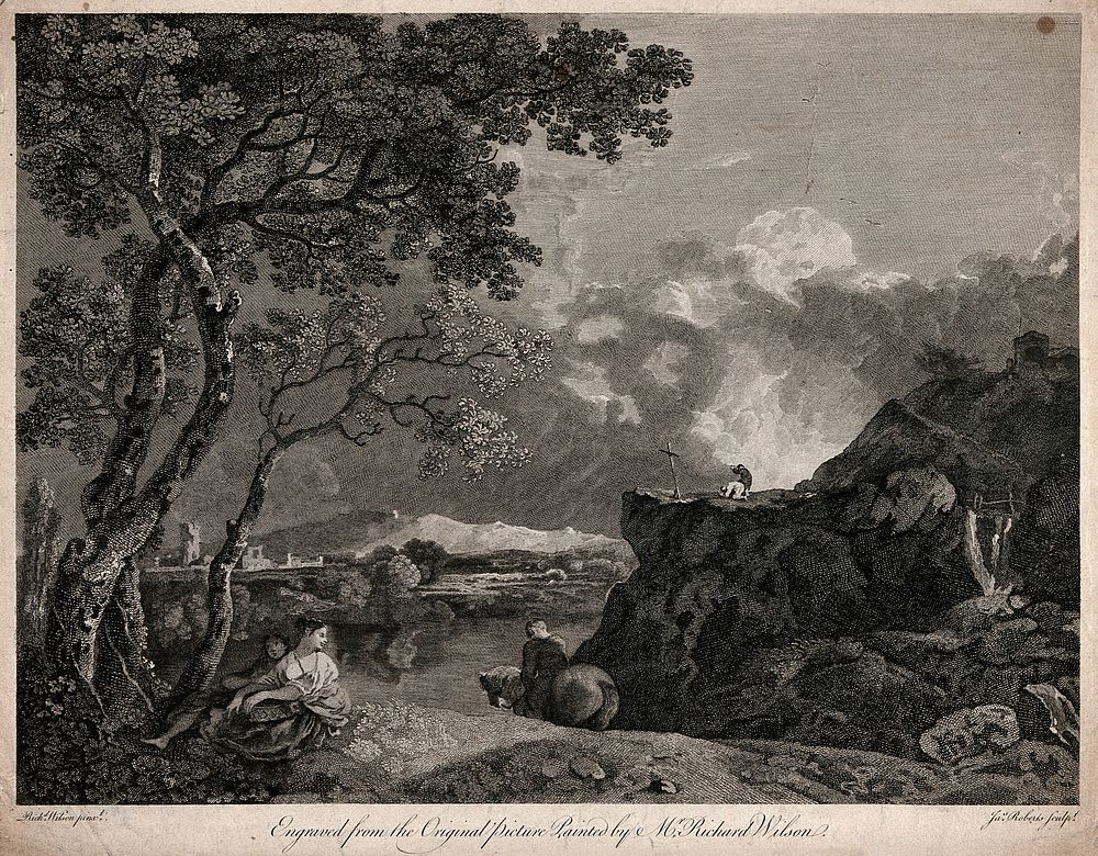 Wild countryside with a stormy sky; two men in prayer before a cross. Engraving by J. Roberts after R. Wilson.