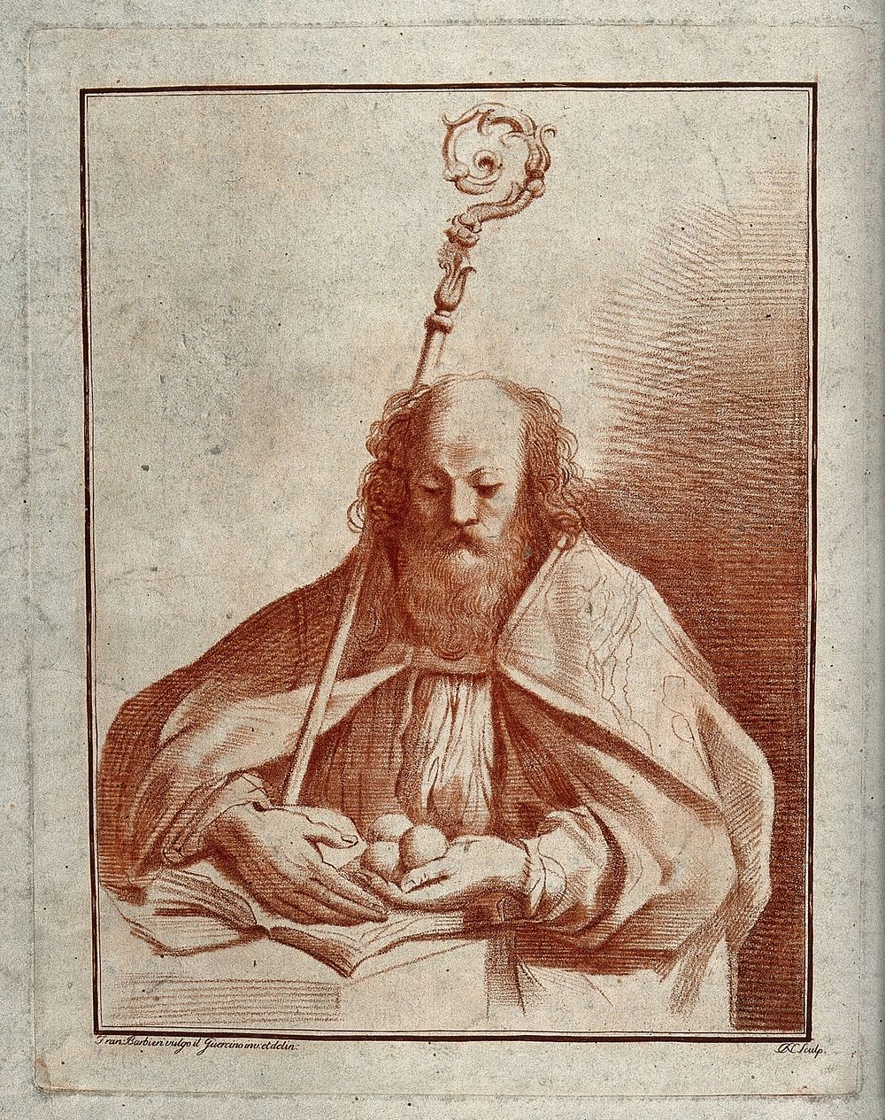 Saint Nicholas of Myra and Bari. Chalk manner engraving by Clemente Nicoli, 1786, after G.F. Barbieri, il Guercino.