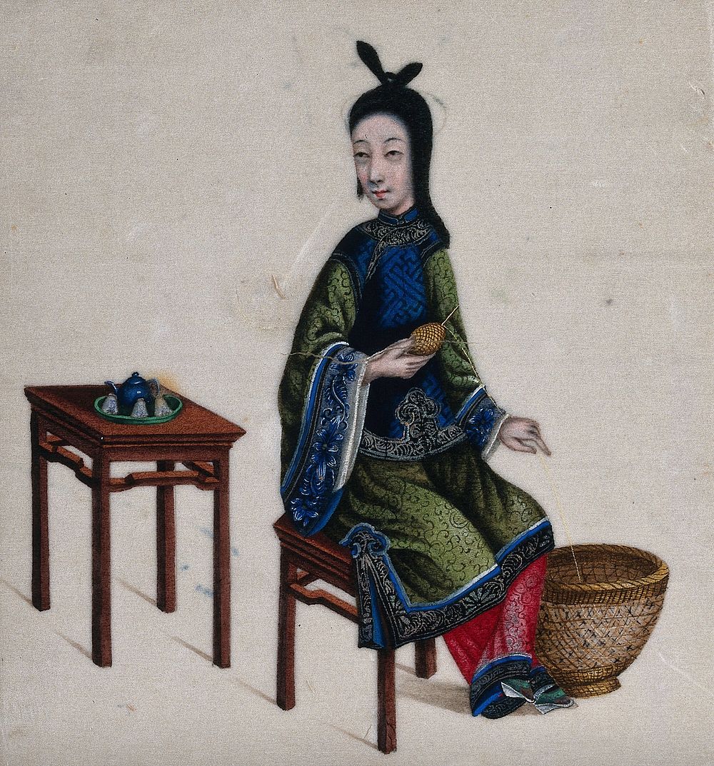 A Chinese lady at winding up a yarn. Painting by a Chinese artist, ca. 1850.