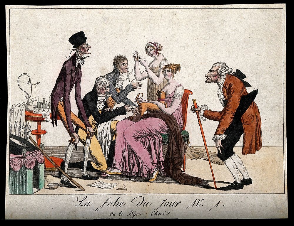 A group of dandies stand by while a lady's dog receives an enema. Coloured engraving.