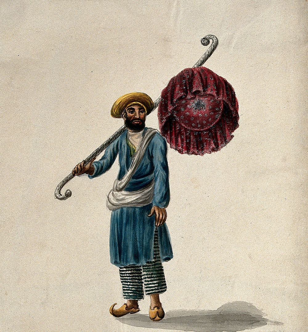 A man carrying a canopy, to be used as a umbrella . Gouache painting by an Indian artist.