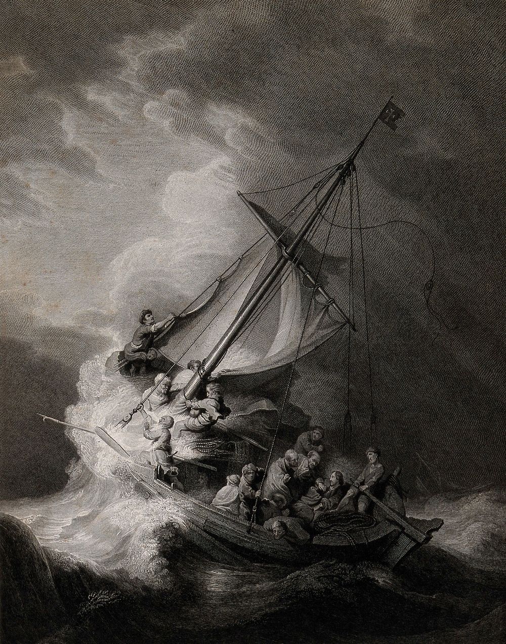 Christ and the apostles in the storm on the sea of Galilee. Etching by J. Fittler after Rembrandt.