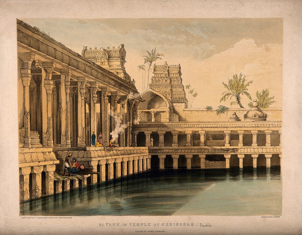 Srirangam, India: water tank in the Temple. Coloured lithograph by T.C. Dibdin after J. Fergusson.