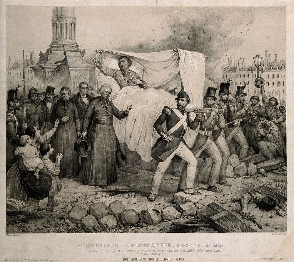 Archbishop Affre, wounded in the June 1848 insurrection, is carried back to his residence to die. Lithograph by V. Adam and…