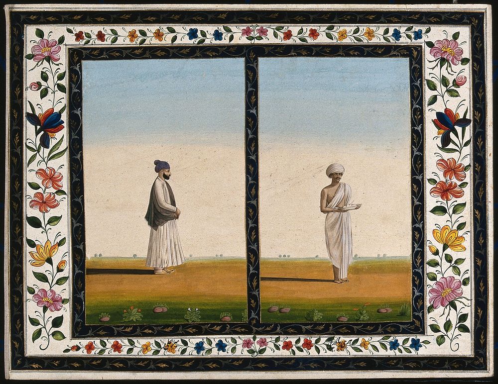 Two Indian men: (left) wearing a mauve turban, in profile to right, and (right) holding poultry on a ceramic dish. Gouache…