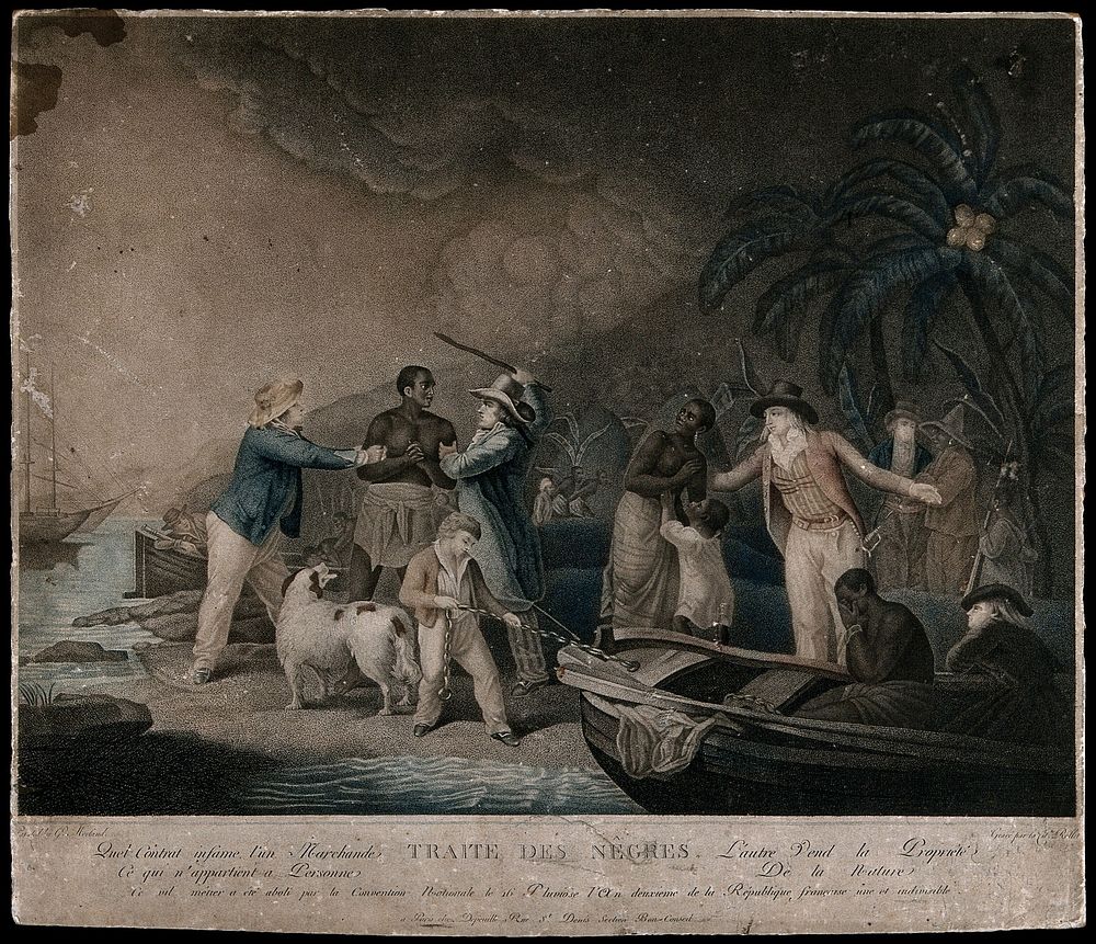 Slave traders on an African coast enslave some of its inhabitants: a man is taken by two slave traders to their boat, while…