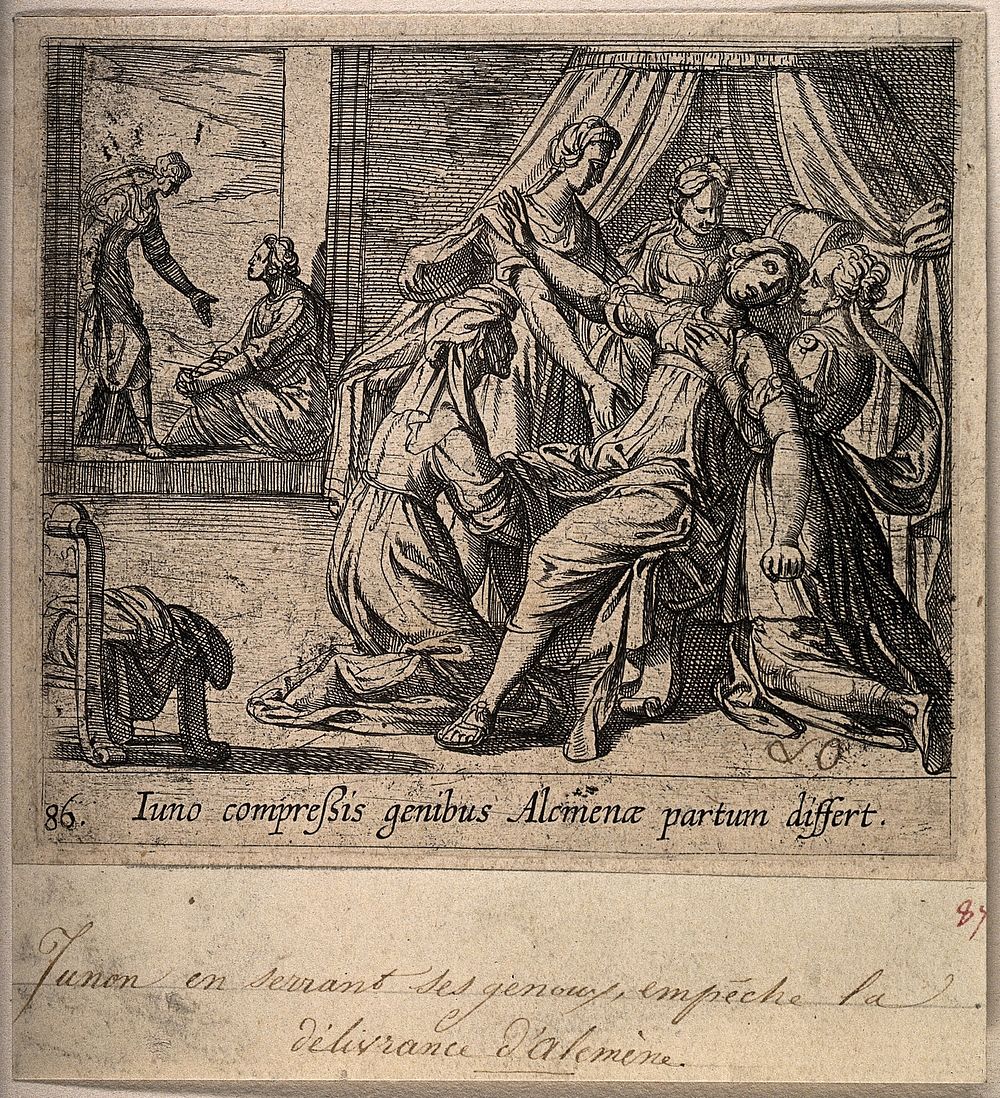 Alcmene giving birth to Hercules: Juno, jealous of the child, attempts to delay the birth. Engraving by A. Tempesta, 1606.