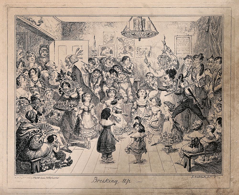 A dancing demonstration in a school, attended by the pupils' families and friends. Etching by George Cruikshank.