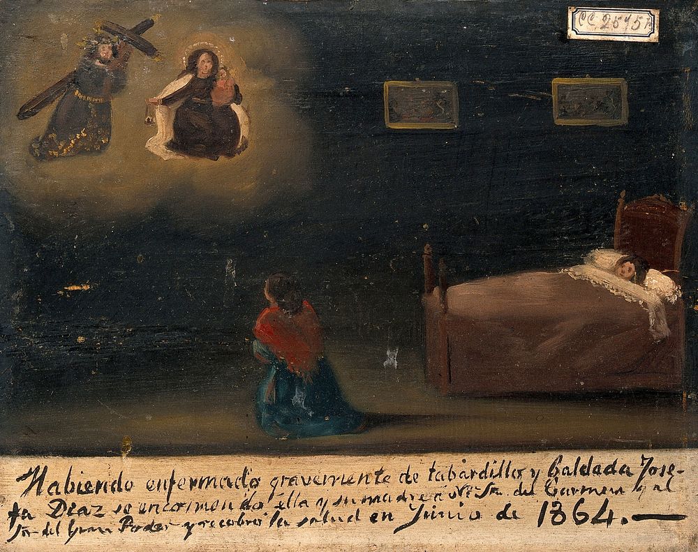 Josefa Diaz, and her mother praying for cure of fever and lameness, June 1864. Oil painting by a Catalan  painter.