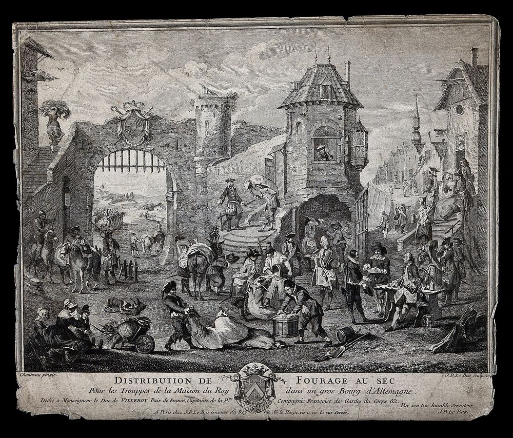French soldiers requisitioning food from civilians inside a German fortified town. Etching by J. P. Le Bas, 1741 after J.-F.…