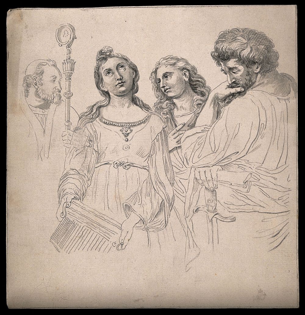 Saint Cecilia, a bishop, Saint John and Saint Paul. Drawing, c. 1794, after Raphael.