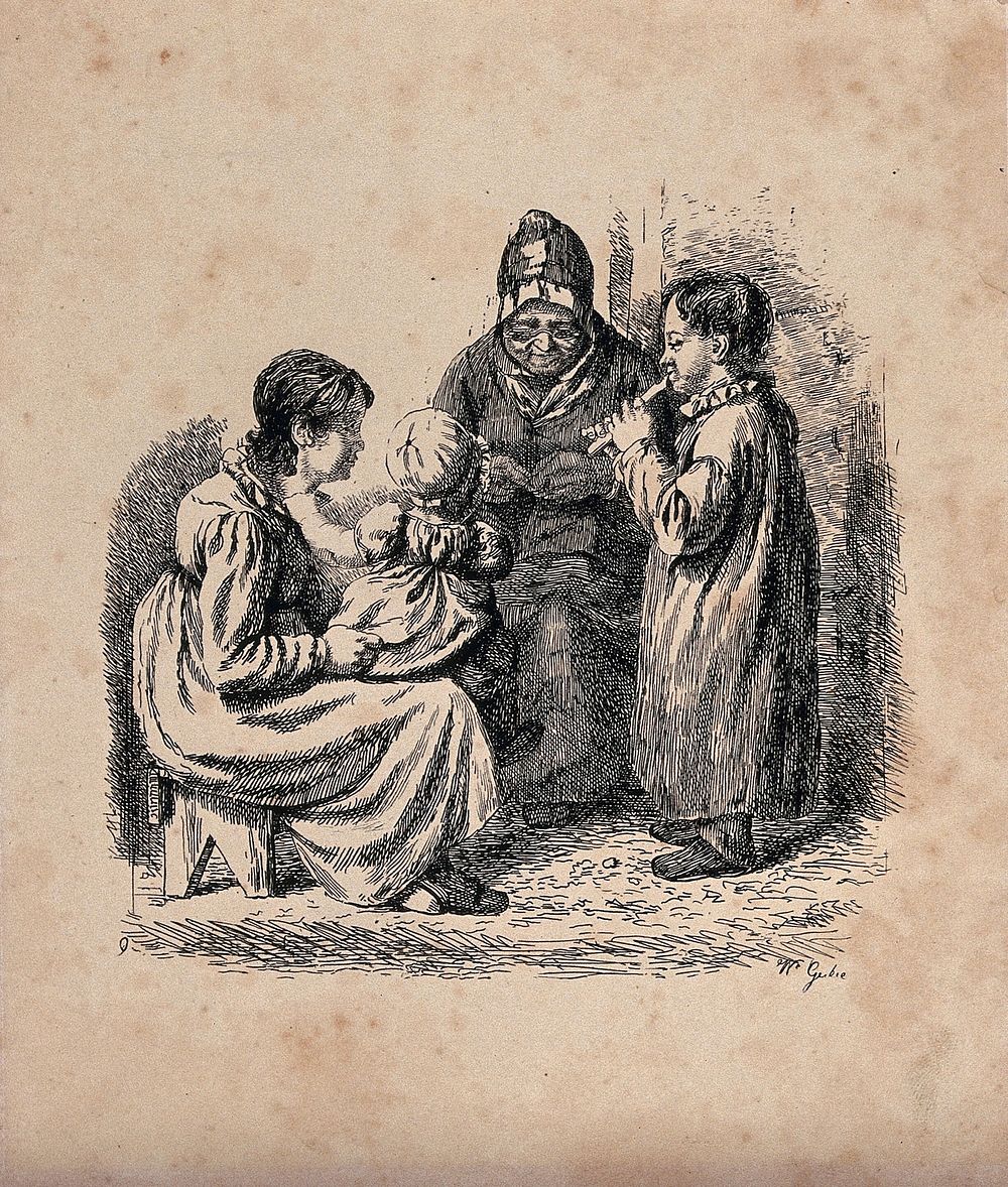 A family group with an old lady, a young woman with a child on her lap and a small boy playing a whistle. Etching by W.…