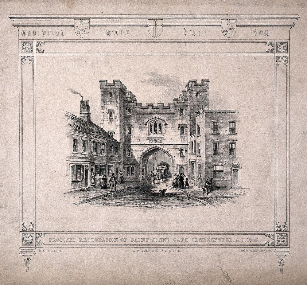St John's Gate, Clerkenwell, London: the north side. Lithograph by R. K. Thomas after W. P. Griffith, 1845.