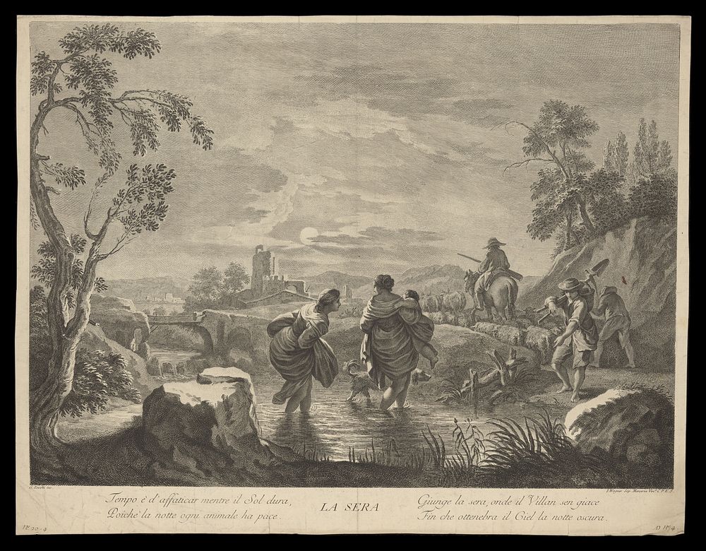 Evening: shepherds, labourers on their way home after a day of work, followed by two women and a child who cross a stream.…