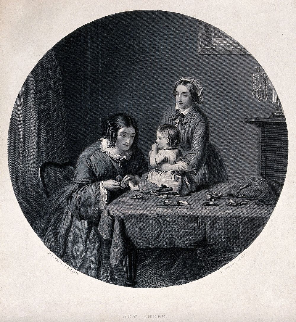 A baby is sitting on a table having new shoes put on her feet. Engraving by H. Bourne after W.P. Frith.