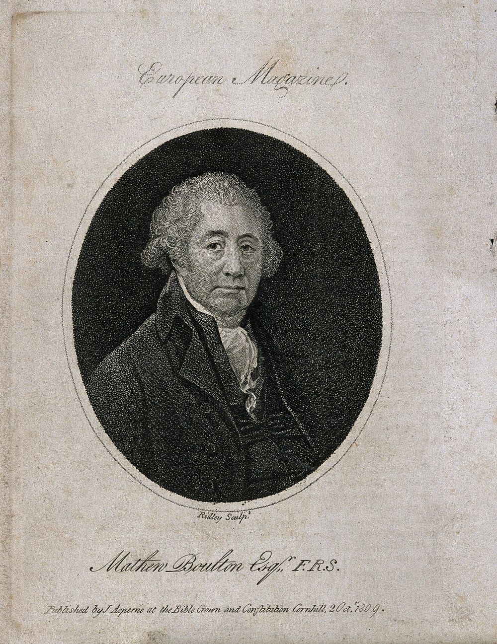 Matthew Boulton. Stipple engraving by W. Ridley, 1809, after Sir W. Beechey, 1799.