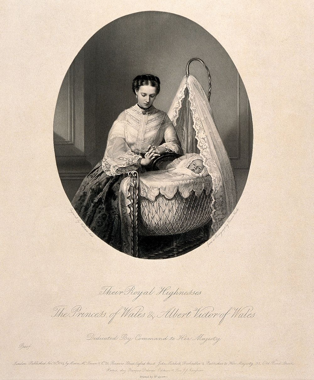 Alexandra, Princess of Wales with her baby son Albert Victor. Engraving by W. Holl the younger, 1864, after a photograph by…