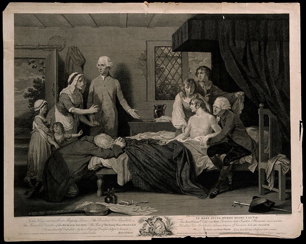 A man recuperating in bed at a receiving-house of the Royal Humane Society, after resuscitation by W. Hawes and J.C. Lettsom…