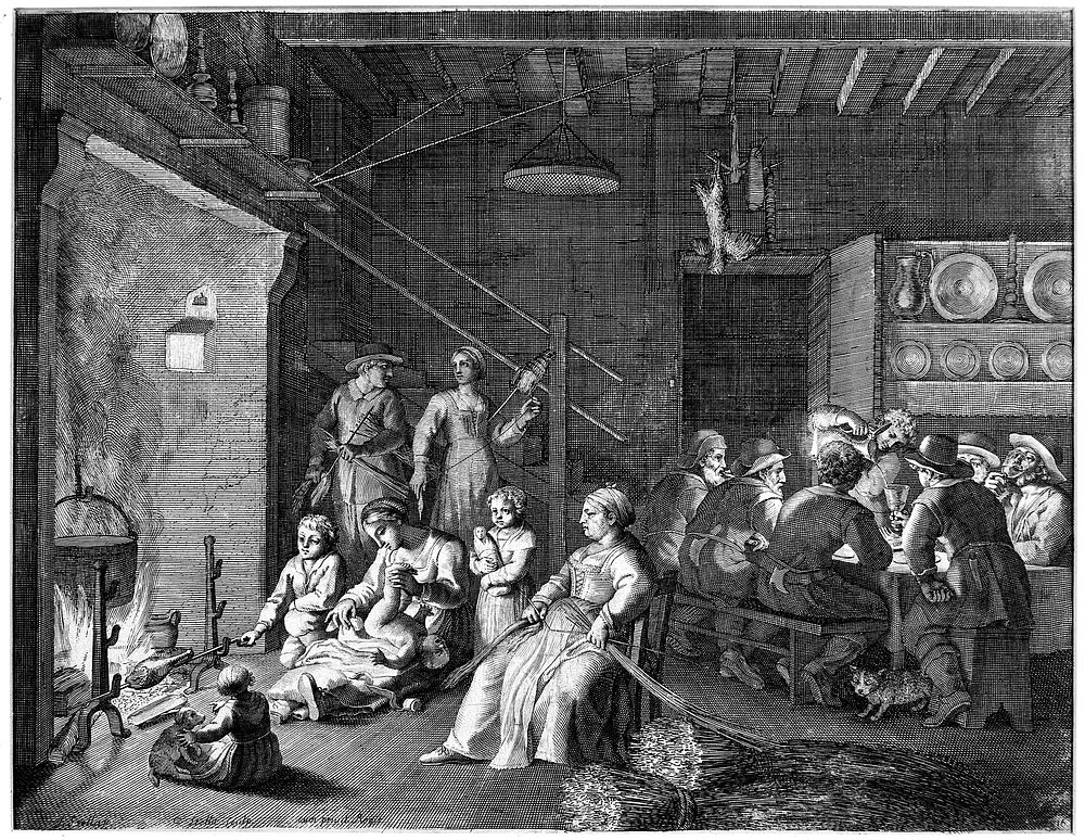 A communal house, the men sit drinking around a table while the women look after the children, weave hay and the older…
