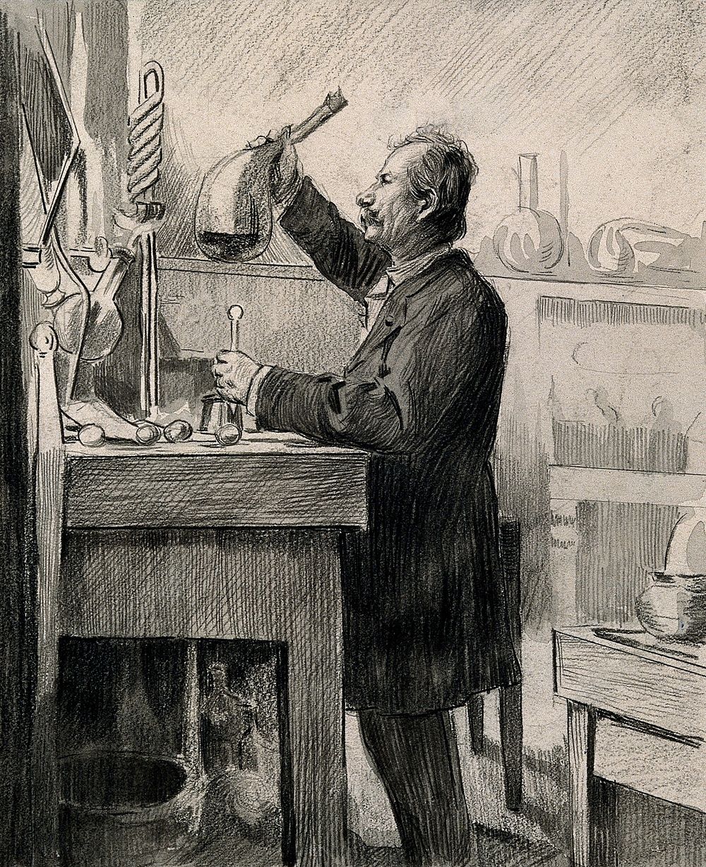 Marcellin Pierre Eugène Berthelot in his laboratory. Charcoal drawing.