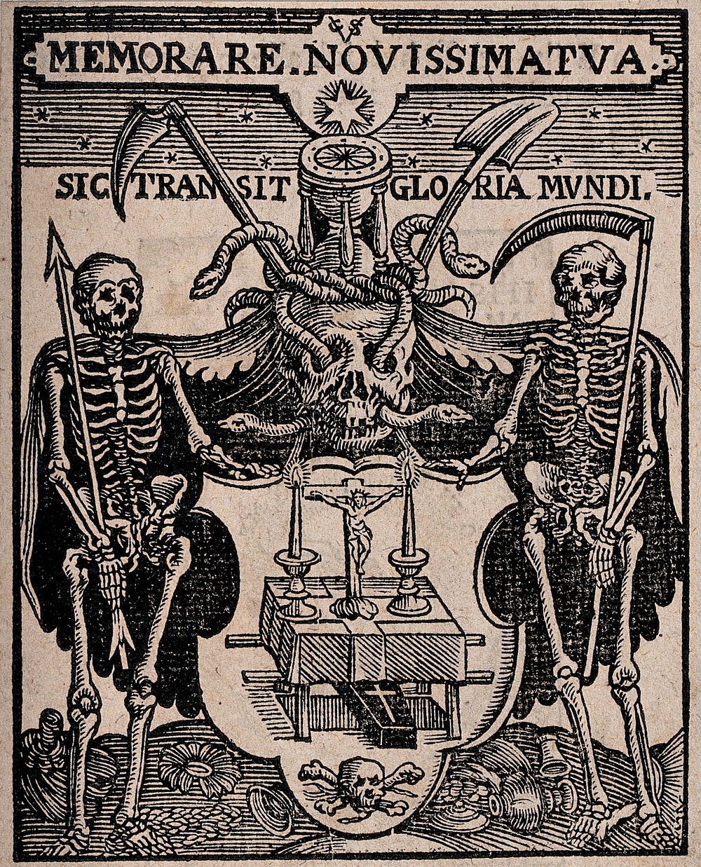 A coat of arms depicting an altar, a coffin and skull and crossbones, is flanked by two figures of death; above, a skull…