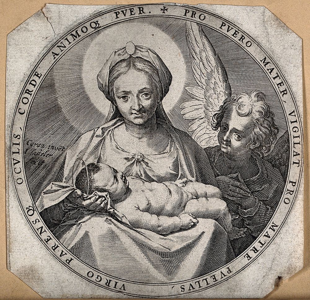 Saint Mary (the Blessed Virgin) with the Christ Child and an angel. Engraving by J. Sadeler after Annibale Carracci.