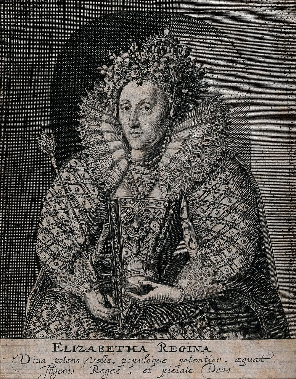 Queen Elizabeth I, holding a sceptre and an orb, wearing the dress she customarily wore at the opening of Parliament.…