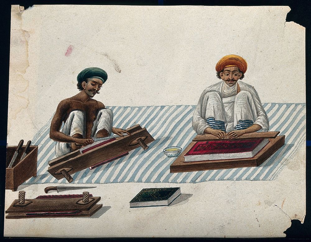 Two men binding books. Gouache painting by an Indian artist.