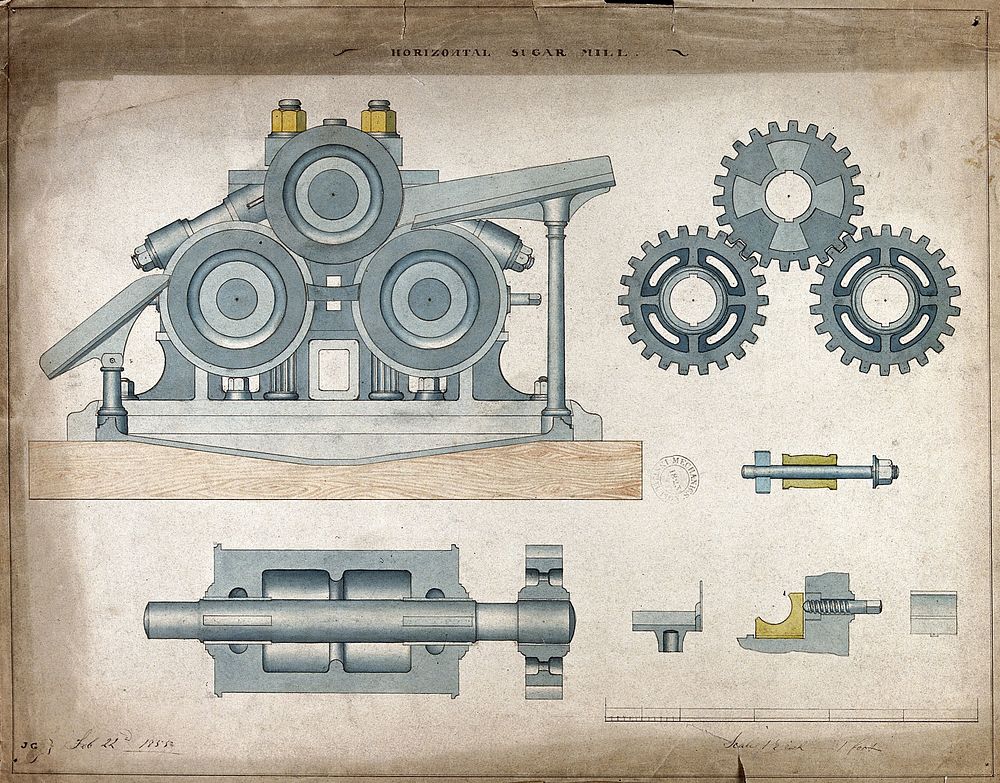 Machinery: a steam-driven sugar mill. Coloured drawing, 1823 or 1855.
