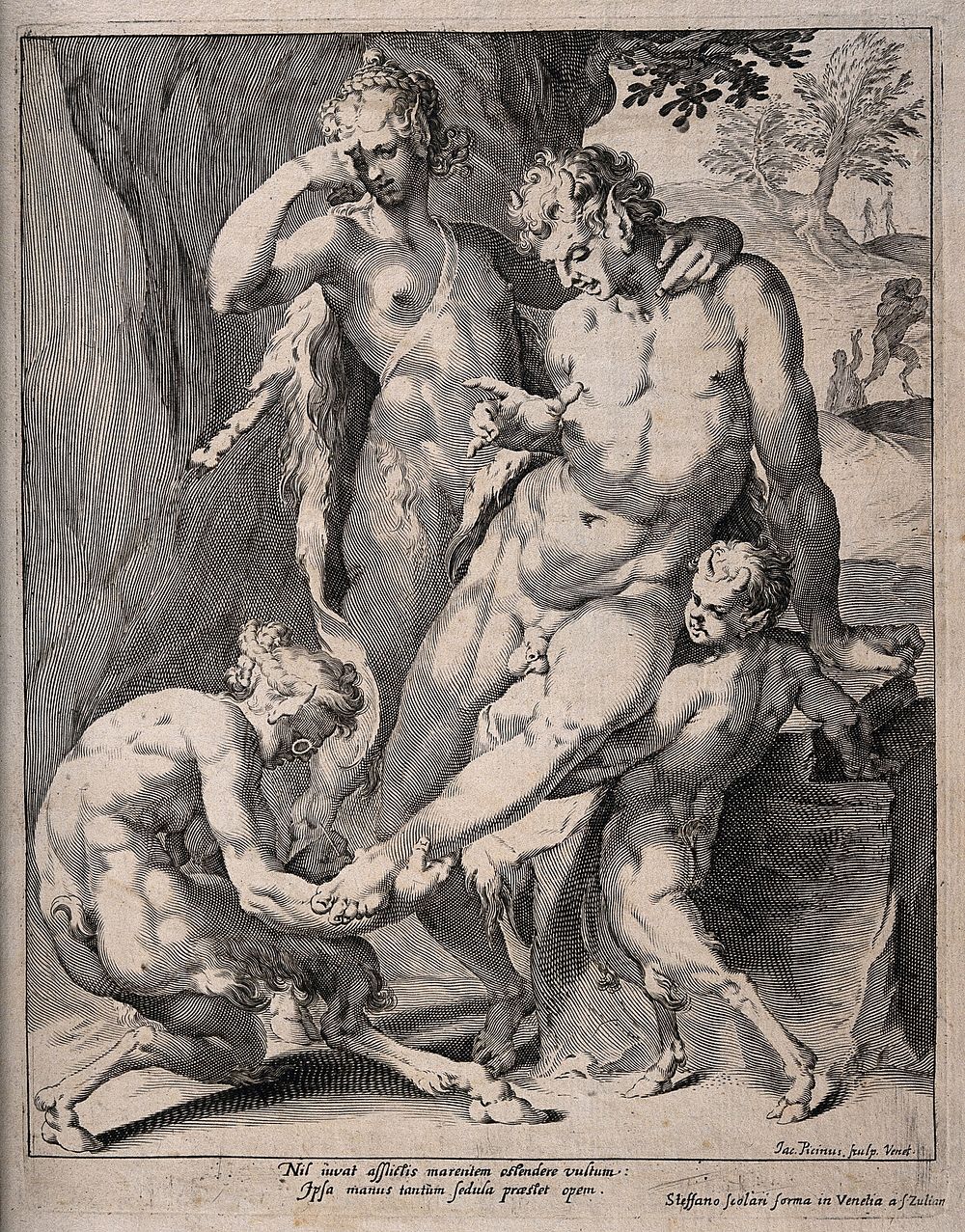 A satyr wearing spectacles removes a thorn from the foot of a male faun while a female faun and boy satyr observe, with…
