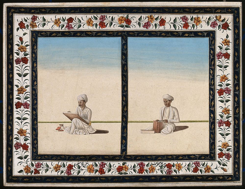 Left, an artist paints a picture; right, a book binder at work. Gouache painting by an Indian artist.