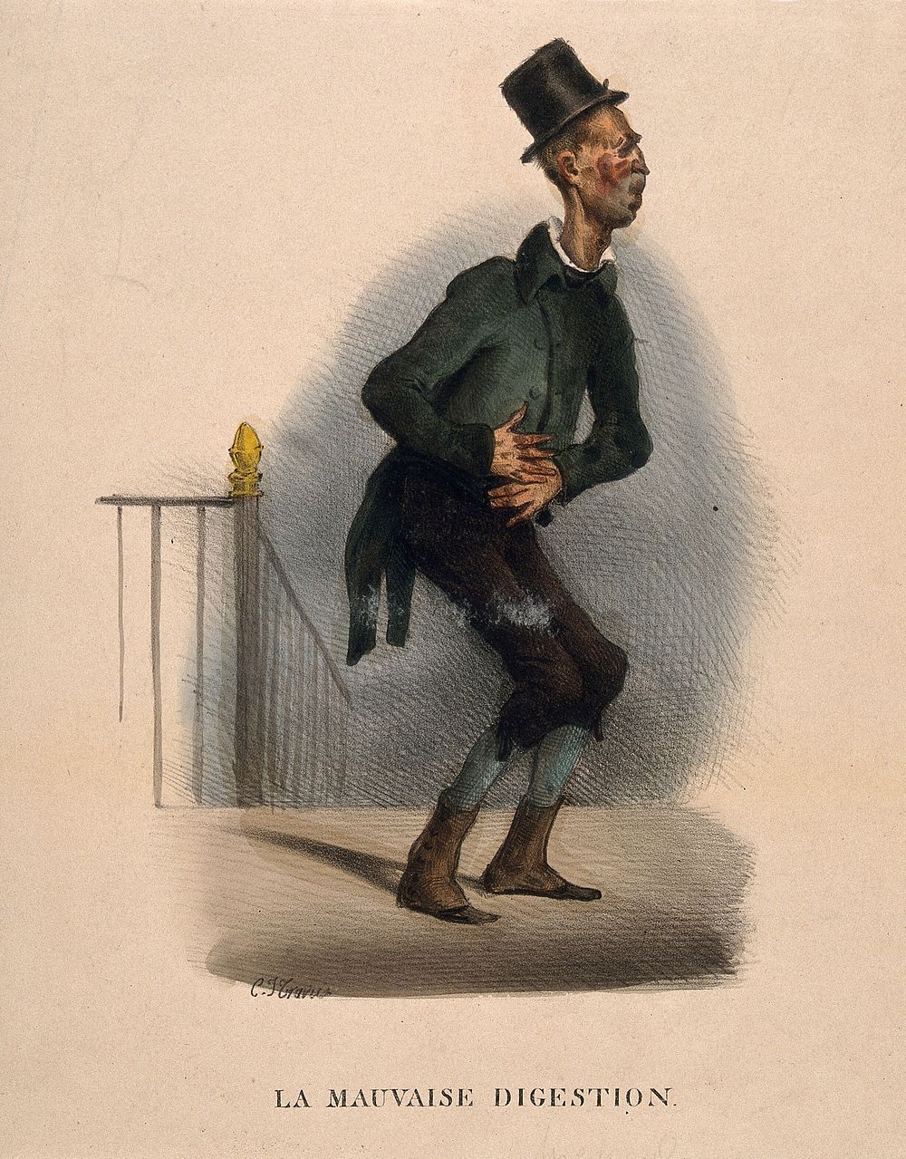 A poor man suffering from indigestion. Coloured lithograph by C.J. Traviès.