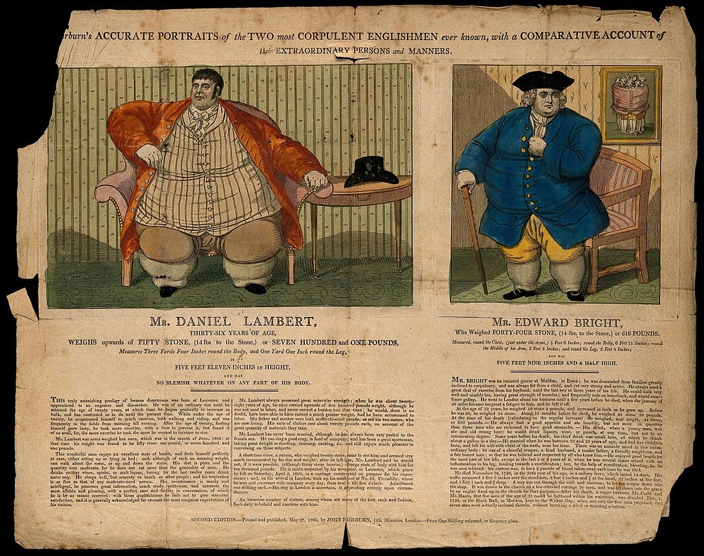 Separate portraits of Daniel Lambert and Edward Bright, 50 stone and 44 stone respectively. Engraving, 1806.